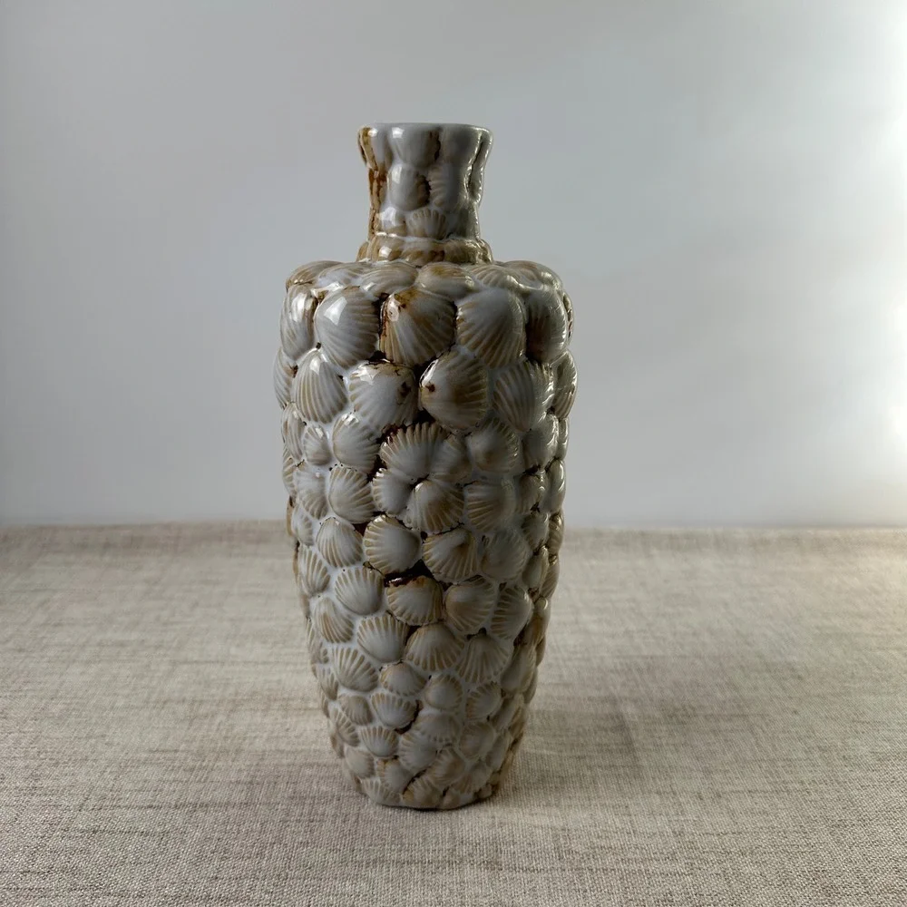 Sculptural Ceramic Scallop Shell Vase | Textured Seashell Bottle Vase